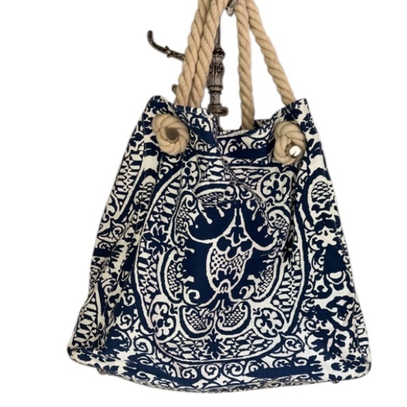 Beach bag tote Navy travel nautical boating sailing lined Donna Dixon canvas - Picture 1 of 5